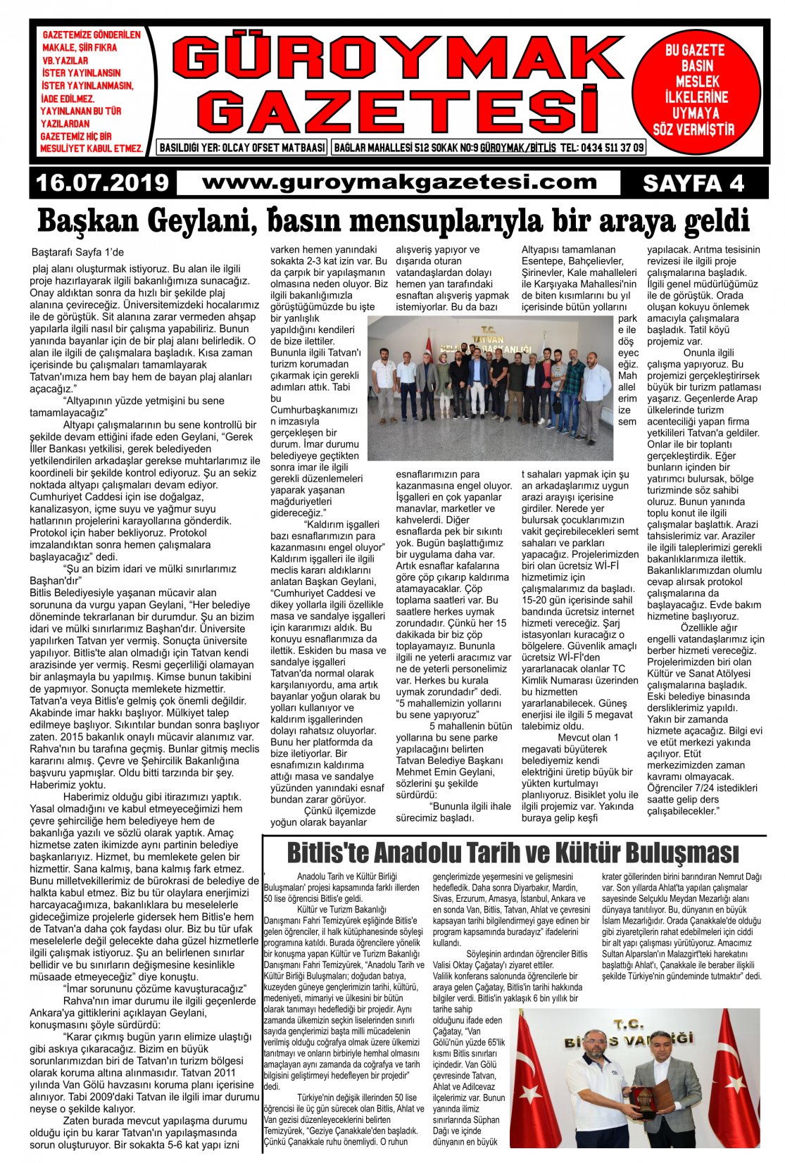 Güroymak Gazetesi  Sayılı Gazete Küpürü