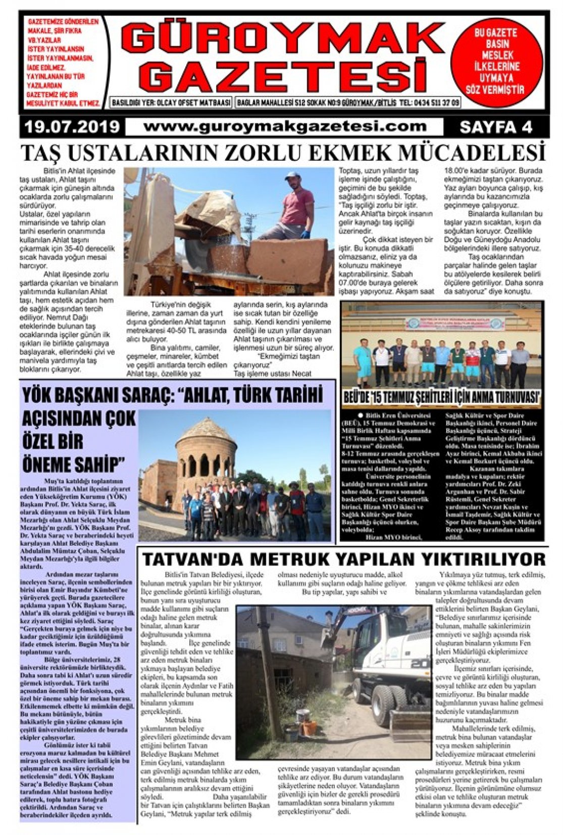 Güroymak Gazetesi  Sayılı Gazete Küpürü