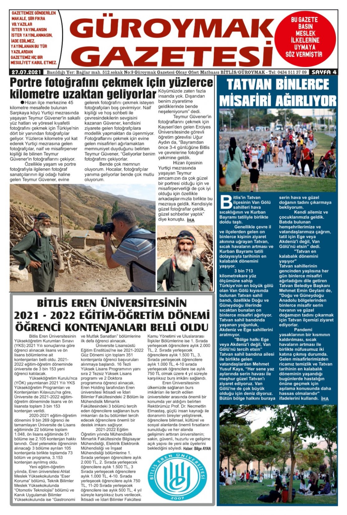 Güroymak Gazetesi  Sayılı Gazete Küpürü