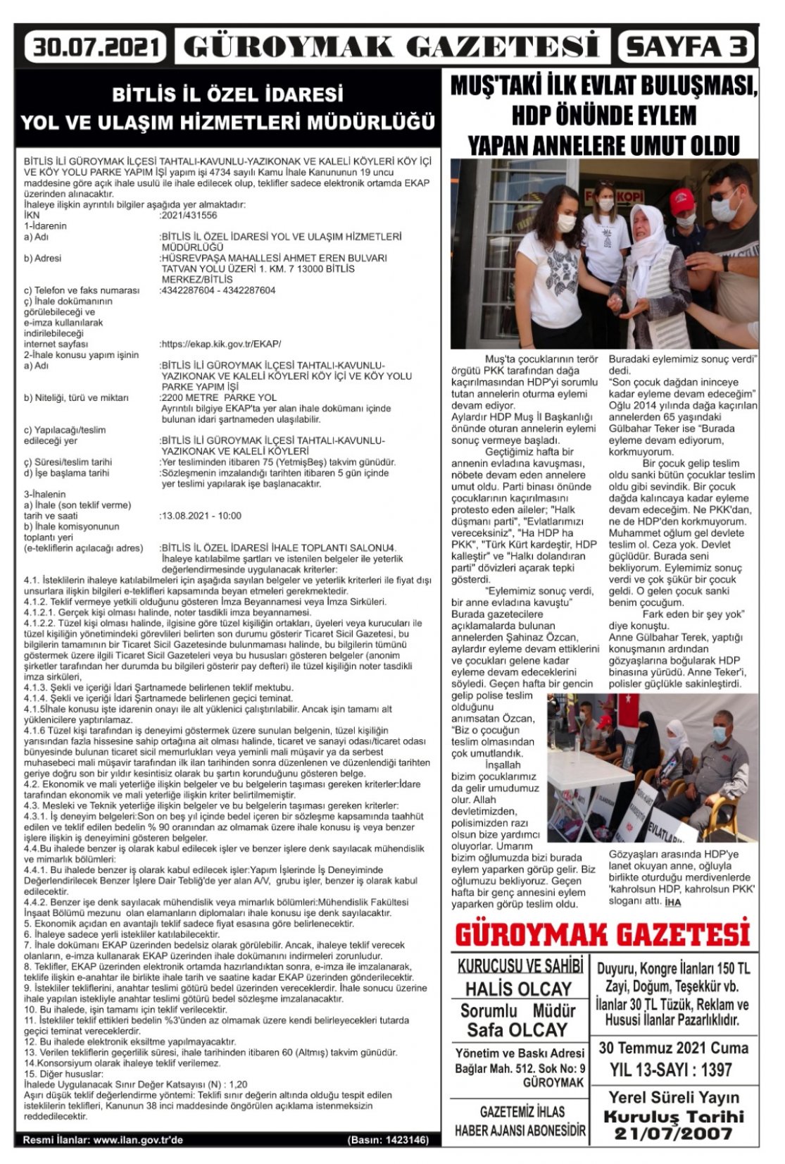 Güroymak Gazetesi  Sayılı Gazete Küpürü