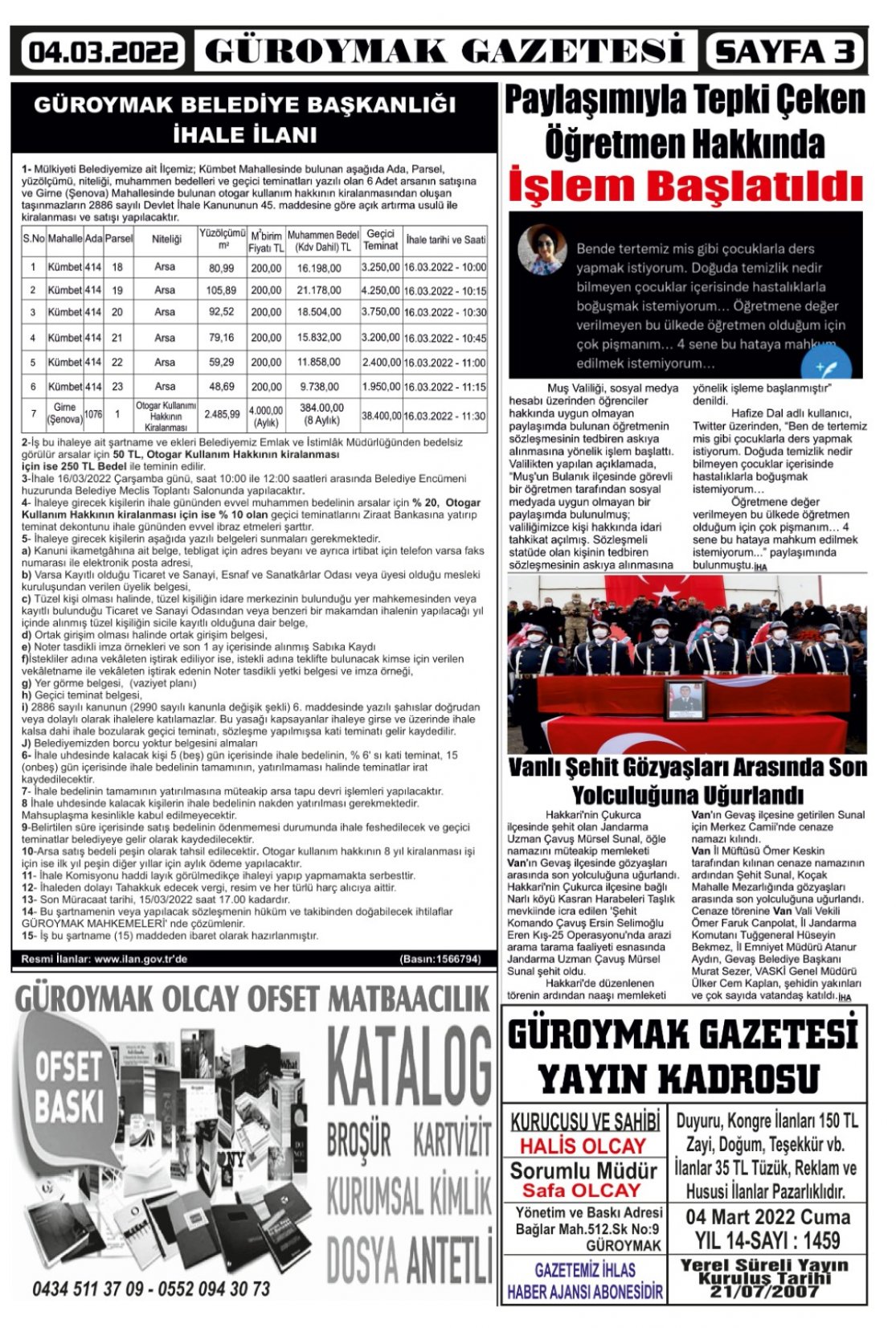 Güroymak Gazetesi  Sayılı Gazete Küpürü