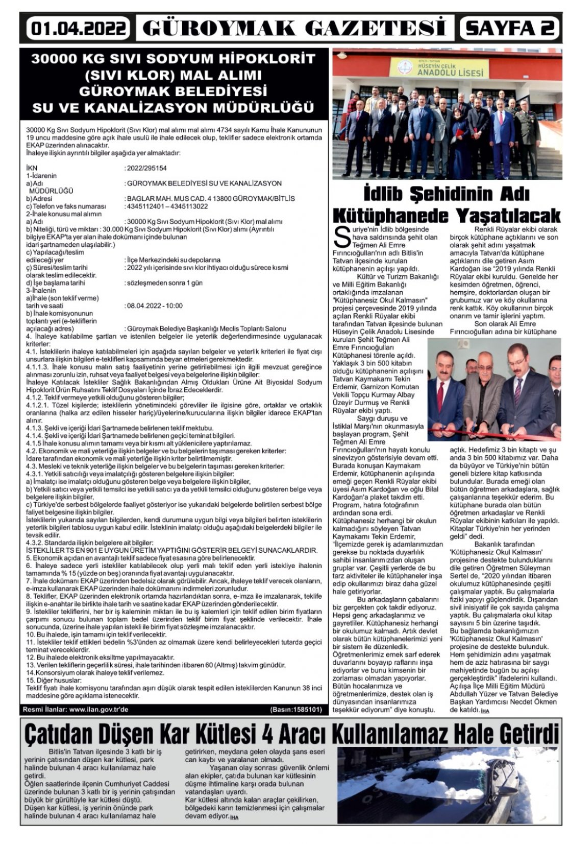 Güroymak Gazetesi  Sayılı Gazete Küpürü