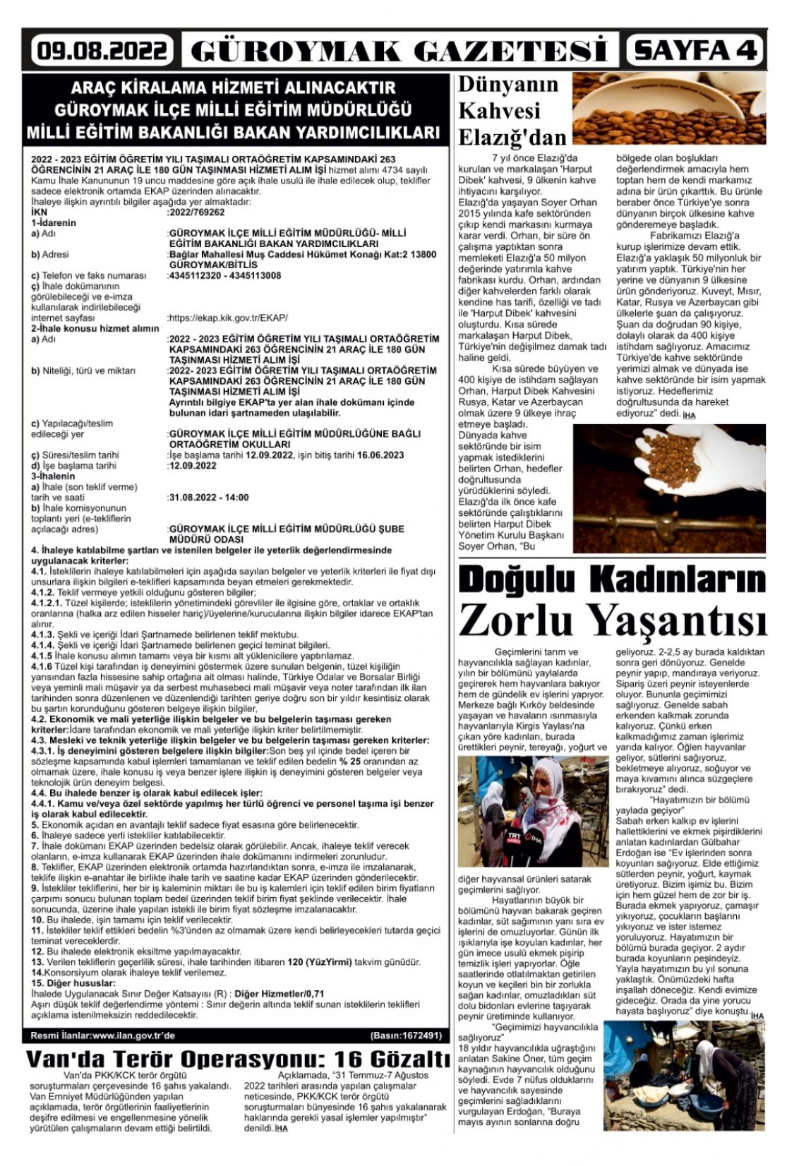 Güroymak Gazetesi  Sayılı Gazete Küpürü