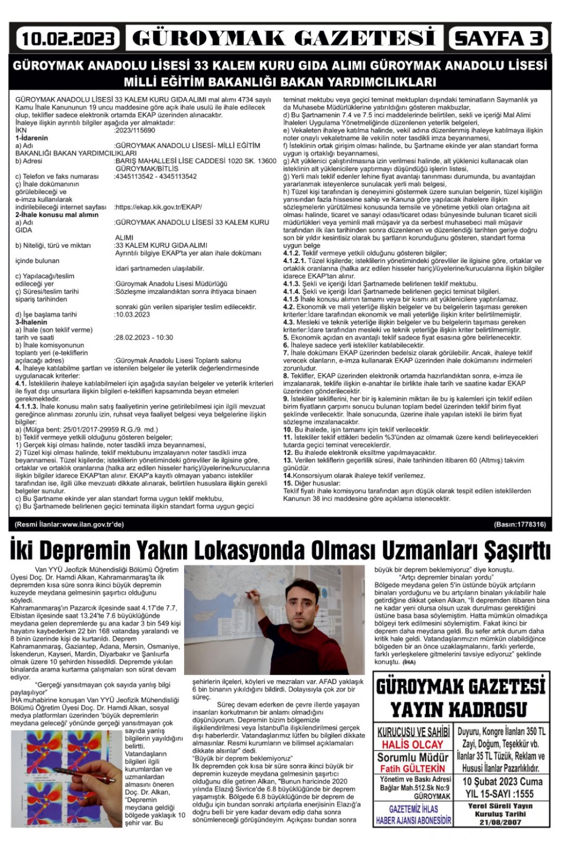 Güroymak Gazetesi  Sayılı Gazete Küpürü
