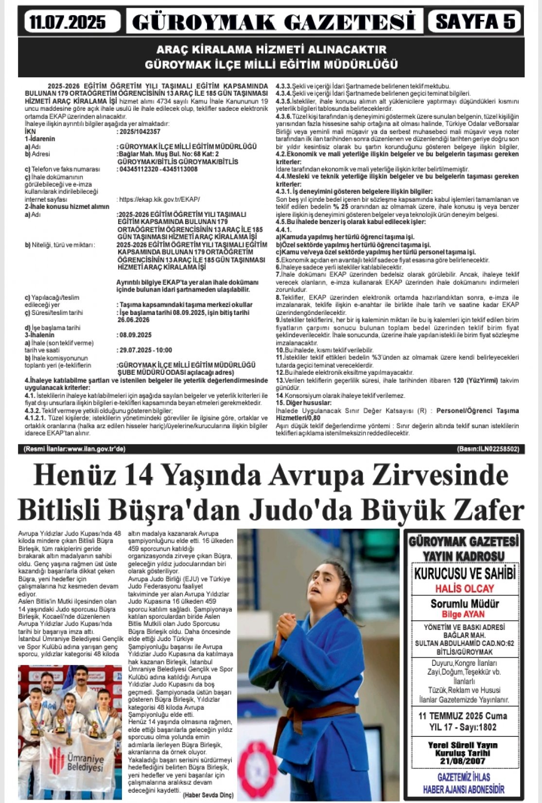 Güroymak Gazetesi  Sayılı Gazete Küpürü