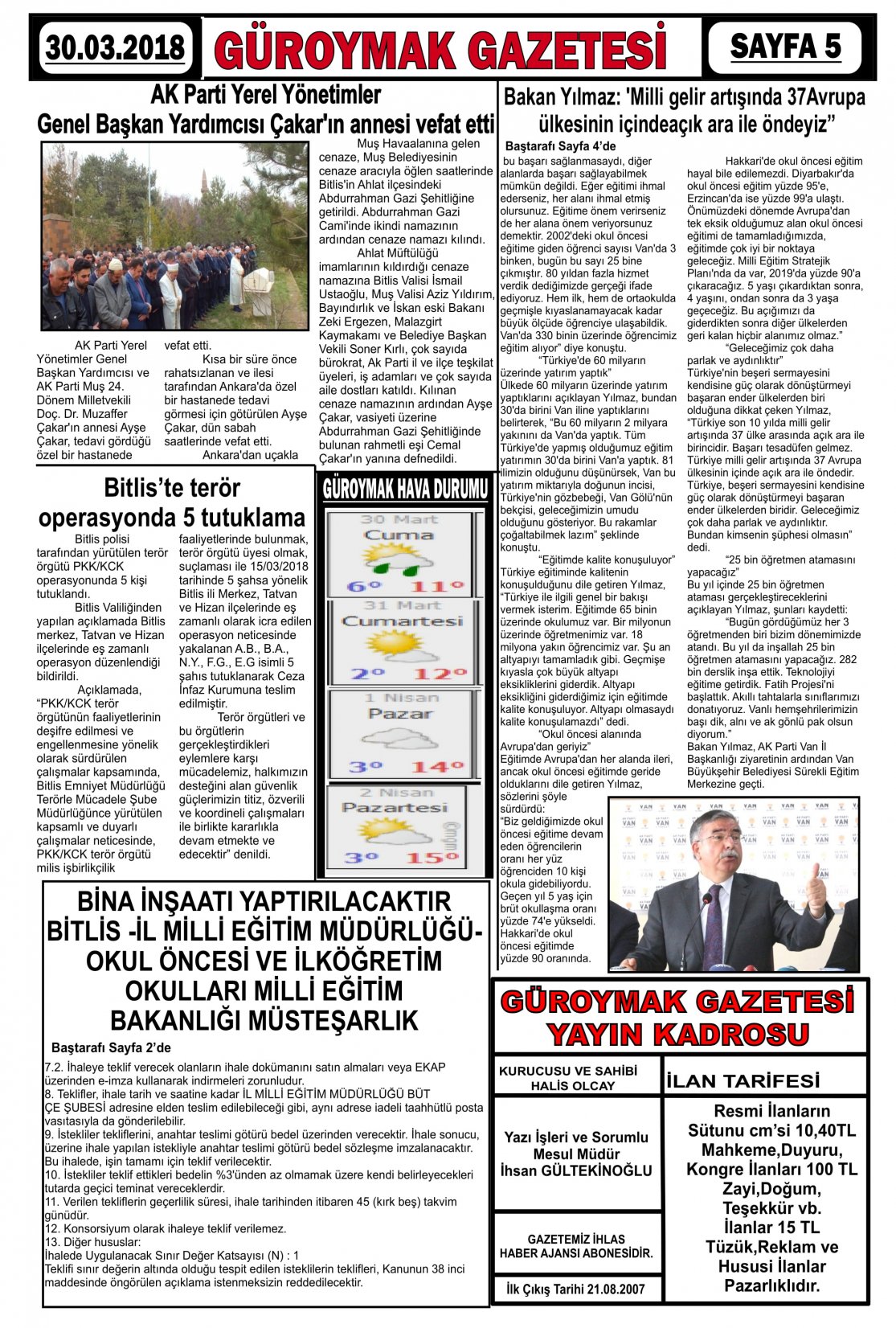 Güroymak Gazetesi  Sayılı Gazete Küpürü