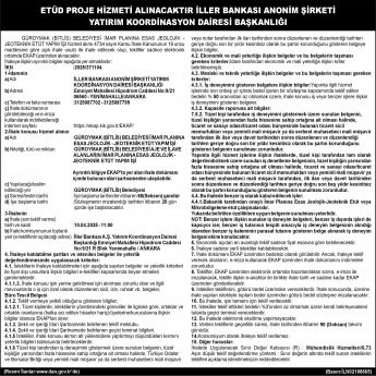 ETÜD PROJE HİZMETİ ALINACAKTIR İLLER BANKASI ANONİM ŞİRKETİ  YATIRIM KOORDİNASYON DAİRESİ BAŞKANLIĞI